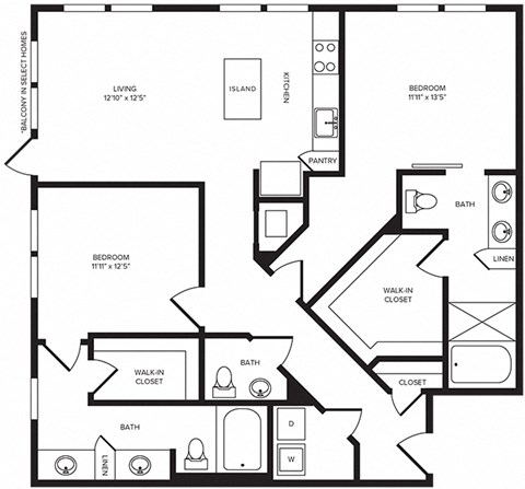 Floor plan for 2 beds, 2 baths, 1292 sqft